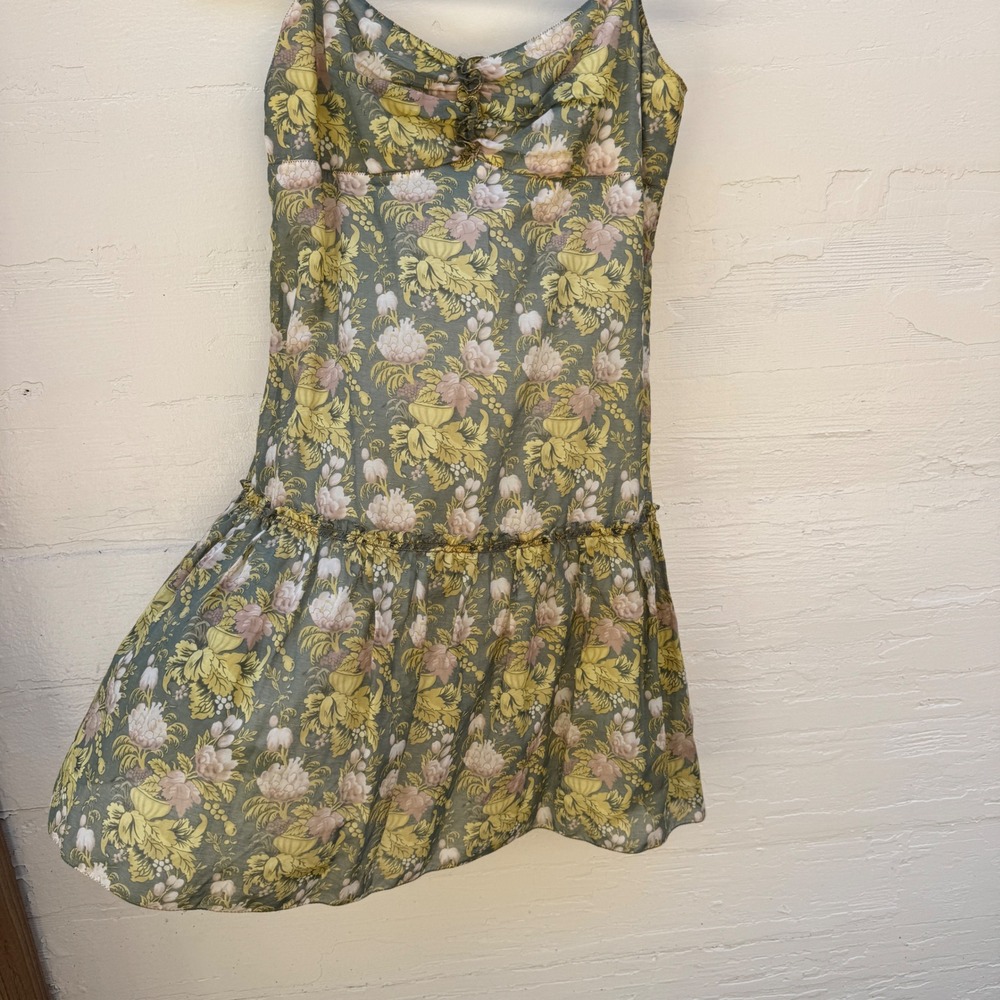 Studio M Mini Dress Green Floral Cotton Silk Cottage boho Drop Waist medium